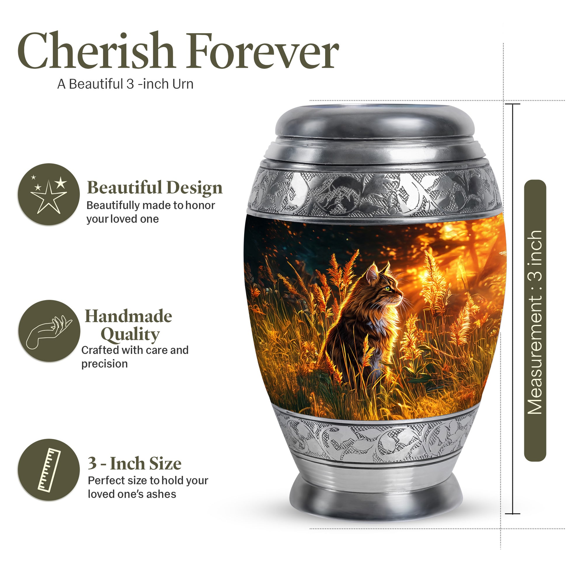 Midnight Black Cat Cremation Urn lifestyle display on memorial shelf - royal cat engraving with decorative scrollwork - mini keepsake memorial for portion of cremation ashes