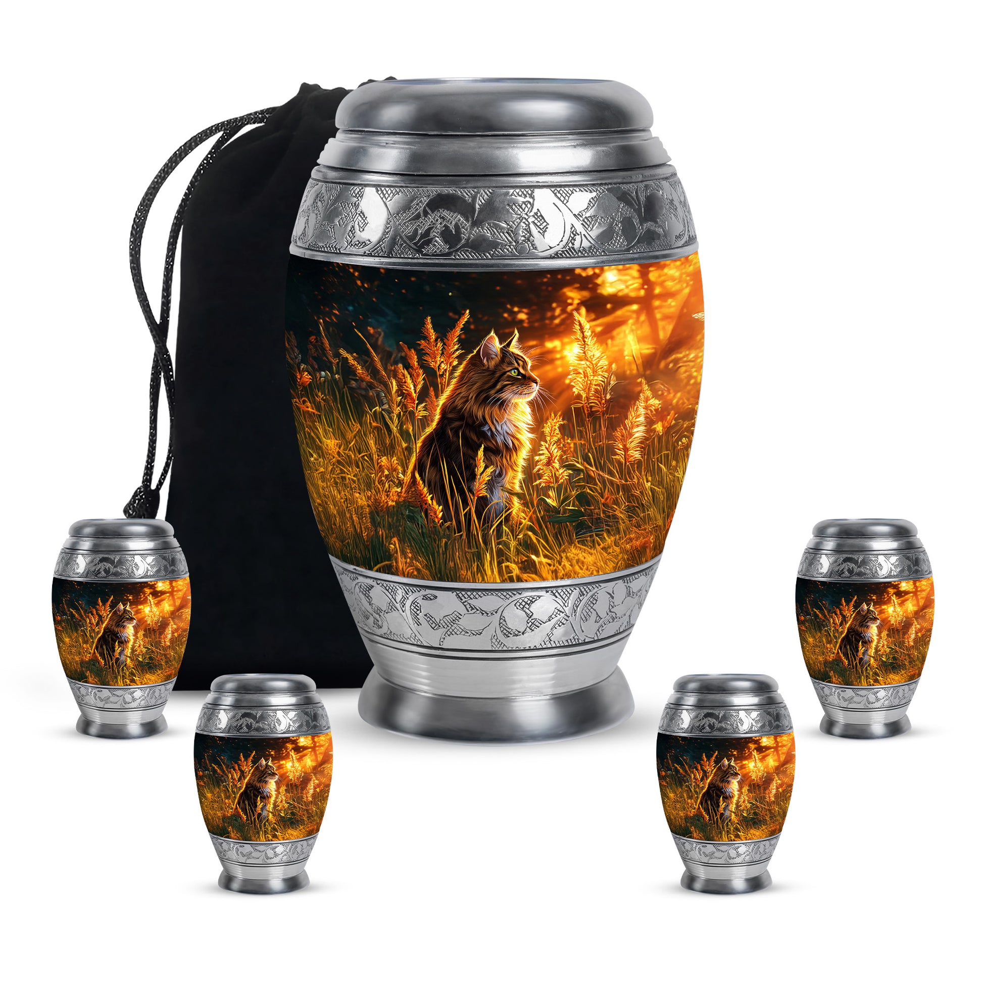 Jet Black Cat Cremation Urn detail view - regal cat design with crown-inspired accents - memorial set with one large and four small urns