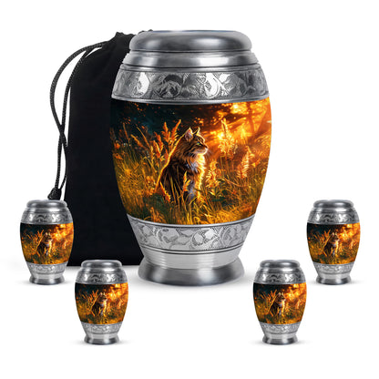 Jet Black Cat Cremation Urn detail view - regal cat design with crown-inspired accents - memorial set with one large and four small urns