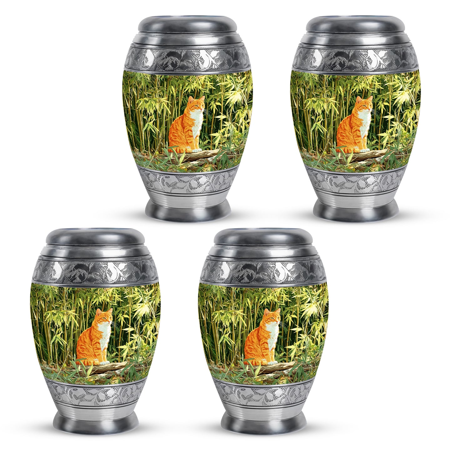 Pine Green Cat Cremation Urn urn with complimentary velvet bag - majestic cat pattern with filigree border - 10 inch aluminum urn for cremated remains