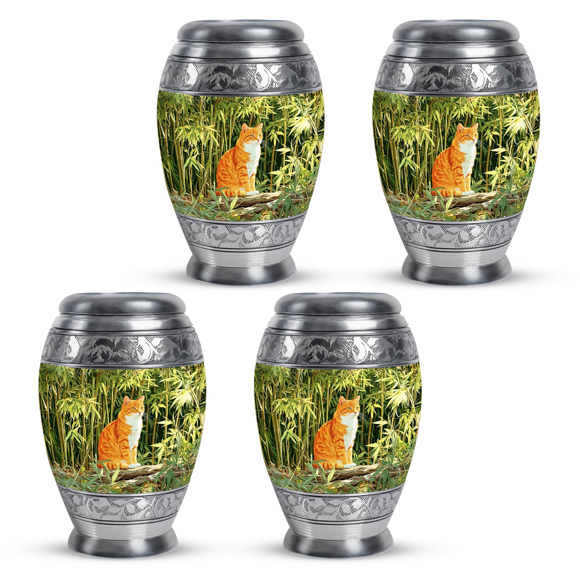 Pine Green Cat Cremation Urn urn with complimentary velvet bag - majestic cat pattern with filigree border - 10 inch aluminum urn for cremated remains
