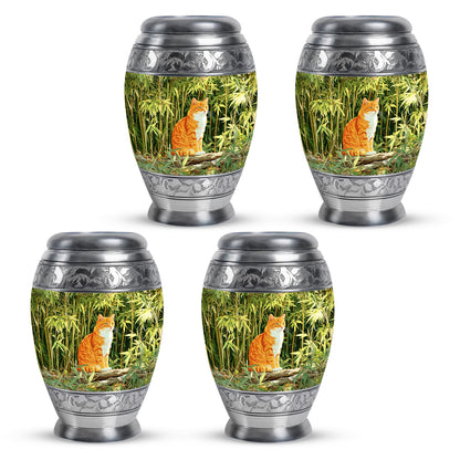 Pine Green Cat Cremation Urn urn with complimentary velvet bag - majestic cat pattern with filigree border - 10 inch aluminum urn for cremated remains