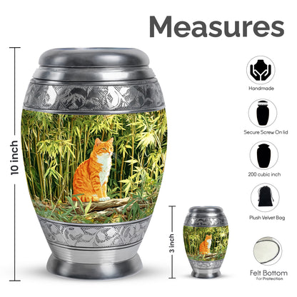 Mint Green Cat Cremation Urn lifestyle display on memorial shelf - majestic cat pattern with filigree border - mini keepsake memorial for portion of cremation ashes