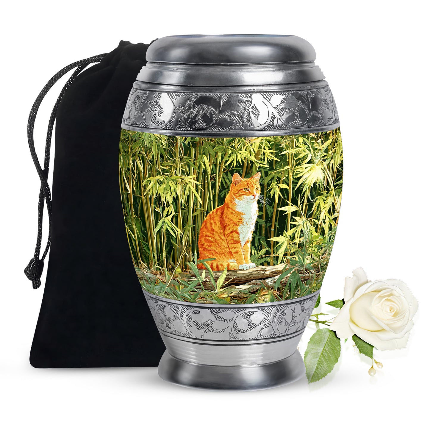 Pine Green Cat Cremation Urn back view with polished surface - royal cat engraving with decorative scrollwork - full-size 10 inch 200 cubic inch adult cremation urn
