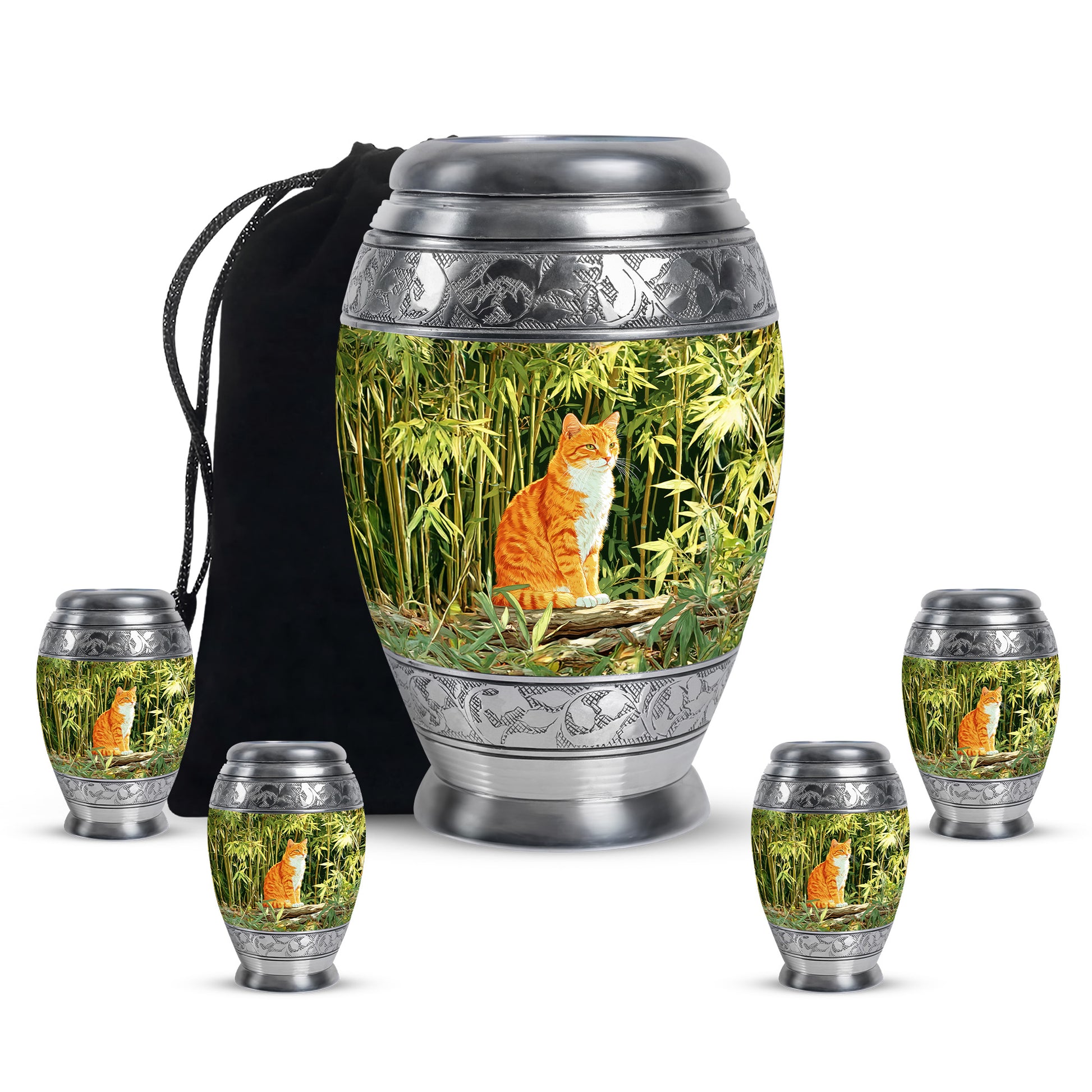 Sage Green Cat Cremation Urn detail view - regal cat design with crown-inspired accents - memorial set with one large and four small urns
