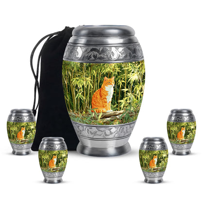 Sage Green Cat Cremation Urn detail view - regal cat design with crown-inspired accents - memorial set with one large and four small urns