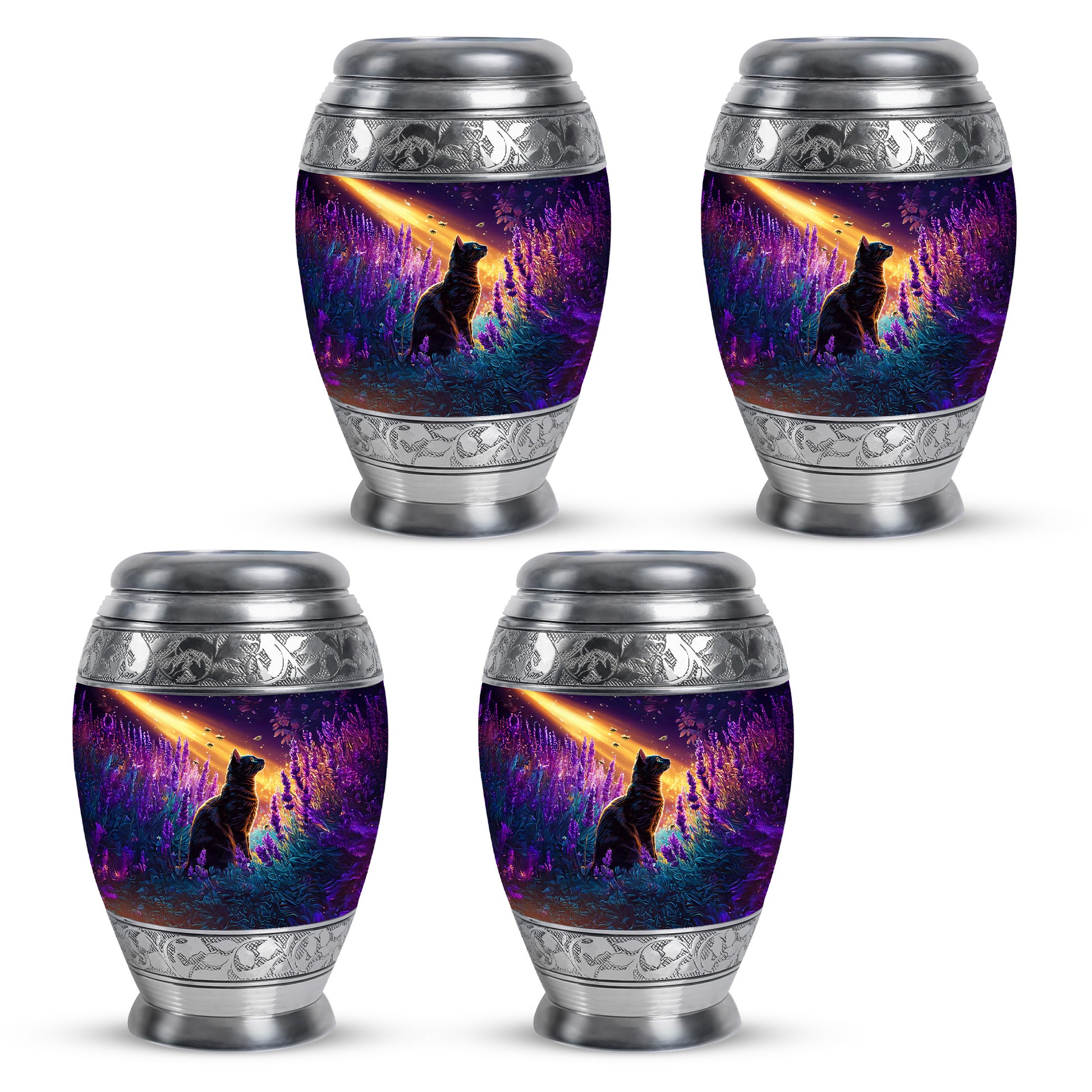 Plum Purple Cat Cremation Urn urn with complimentary velvet bag - regal cat design with crown-inspired accents - 10 inch aluminum urn for cremated remains