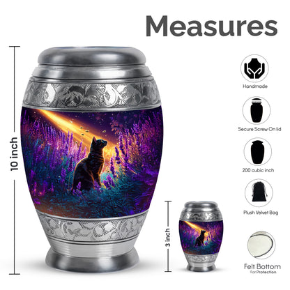 Royal Purple Cat Cremation Urn lifestyle display on memorial shelf - majestic cat pattern with filigree border - mini keepsake memorial for portion of cremation ashes