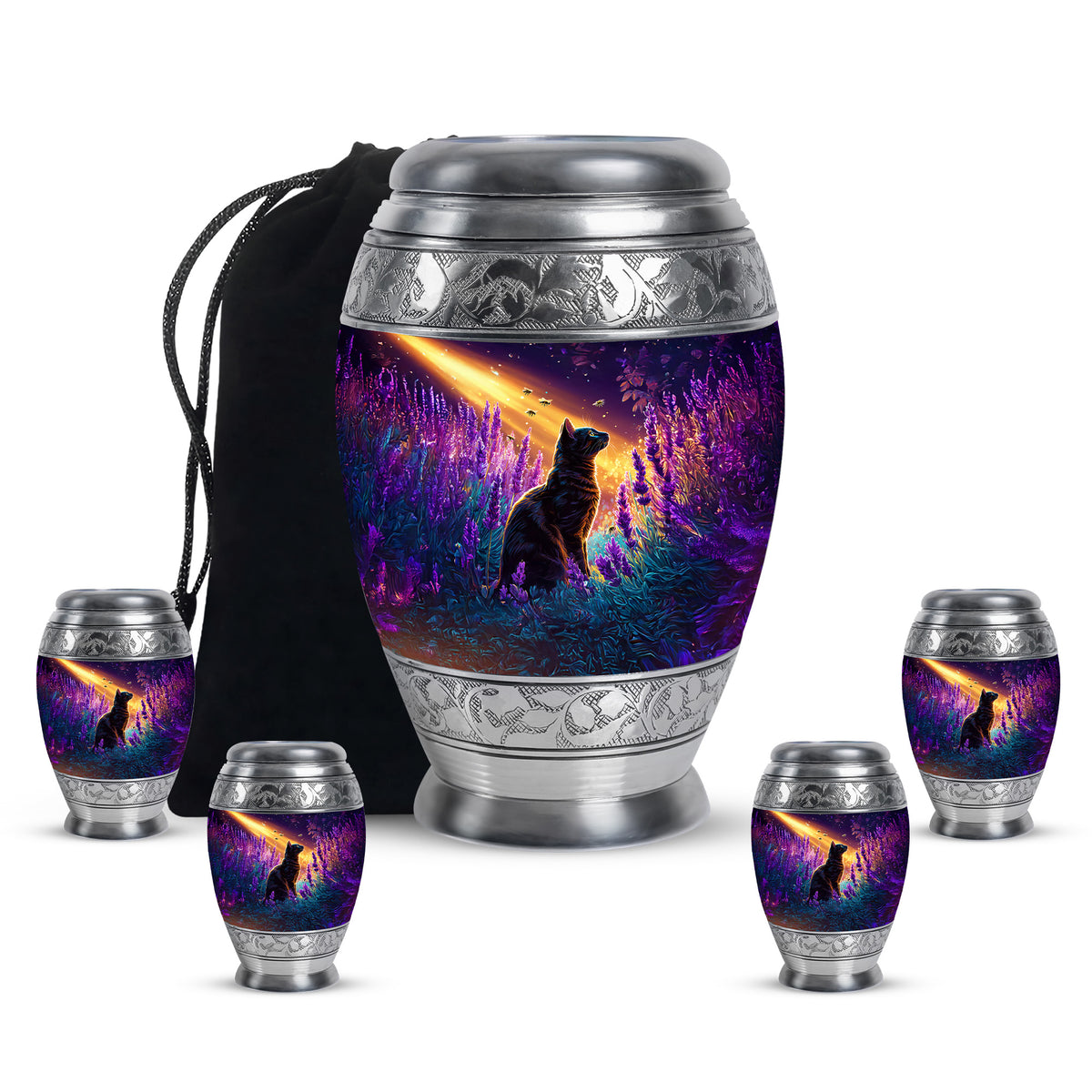 Plum Purple Cat Cremation Urn detail view - ornate monarch-style cat relief on brushed aluminum - memorial set with one large and four small urns