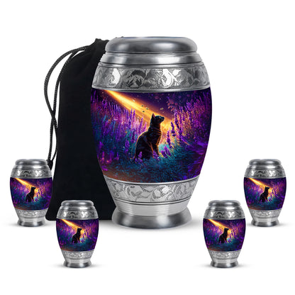 Plum Purple Cat Cremation Urn detail view - ornate monarch-style cat relief on brushed aluminum - memorial set with one large and four small urns