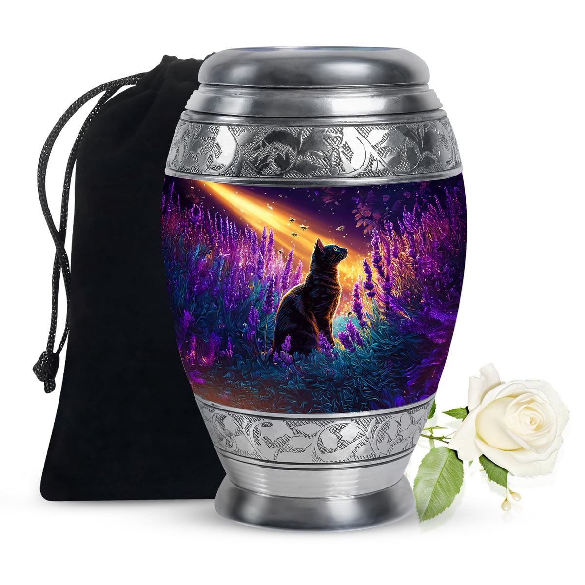 Grape Purple Cat Cremation Urn back view with polished surface - majestic cat pattern with filigree border - full-size 10 inch 200 cubic inch adult cremation urn