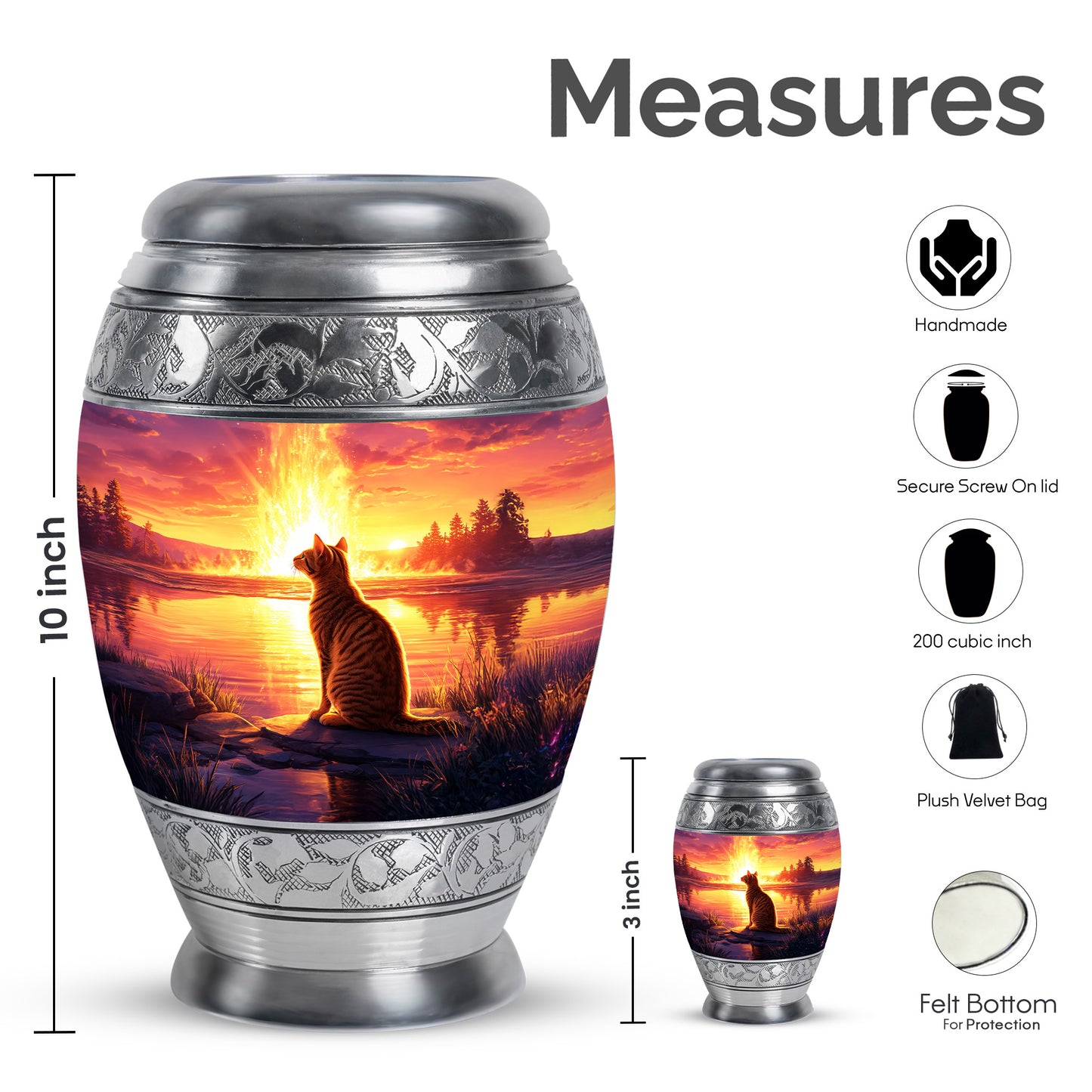 Scarlet Red Cat Cremation Urn lifestyle display on memorial shelf - majestic cat pattern with filigree border - mini keepsake memorial for portion of cremation ashes