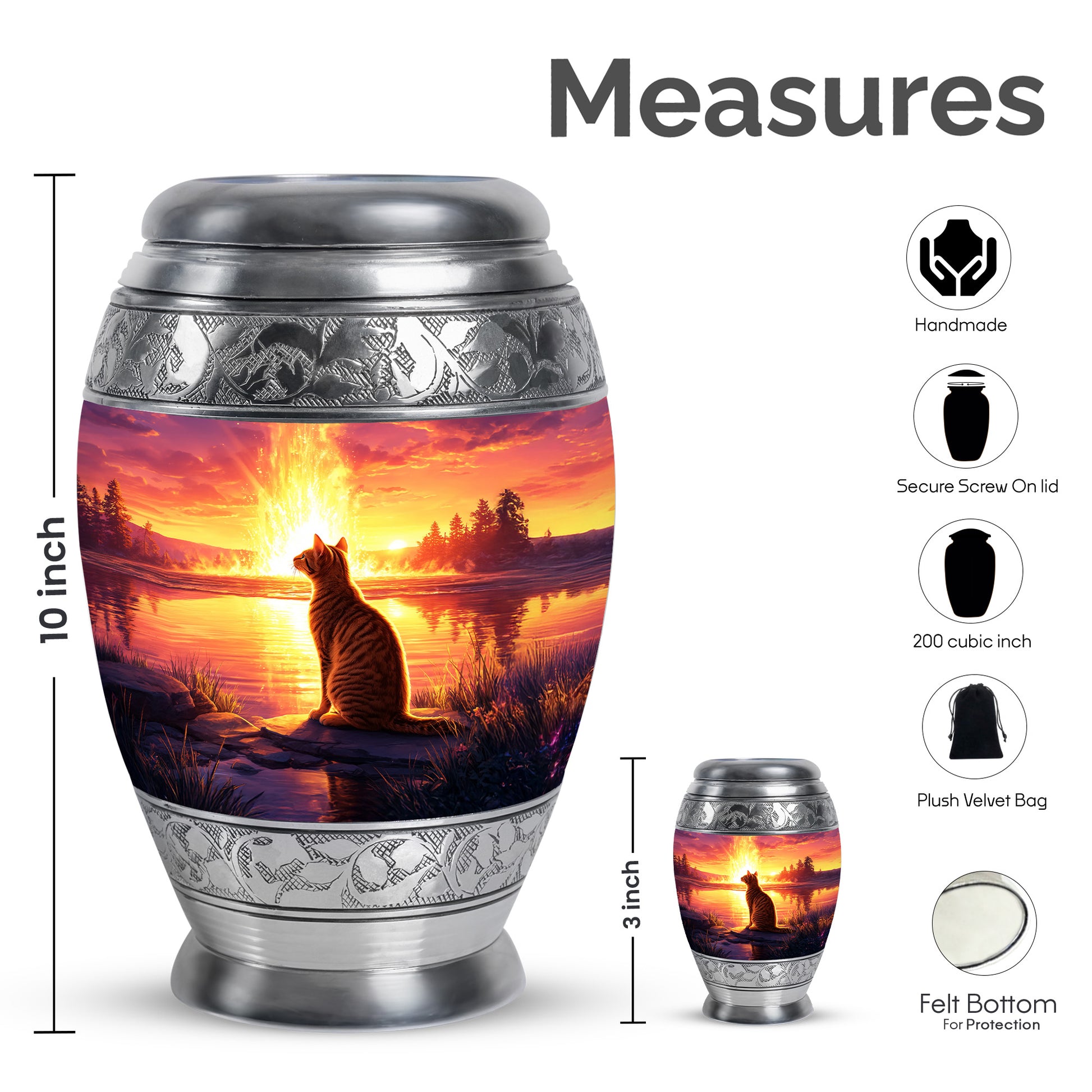 Scarlet Red Cat Cremation Urn lifestyle display on memorial shelf - majestic cat pattern with filigree border - mini keepsake memorial for portion of cremation ashes