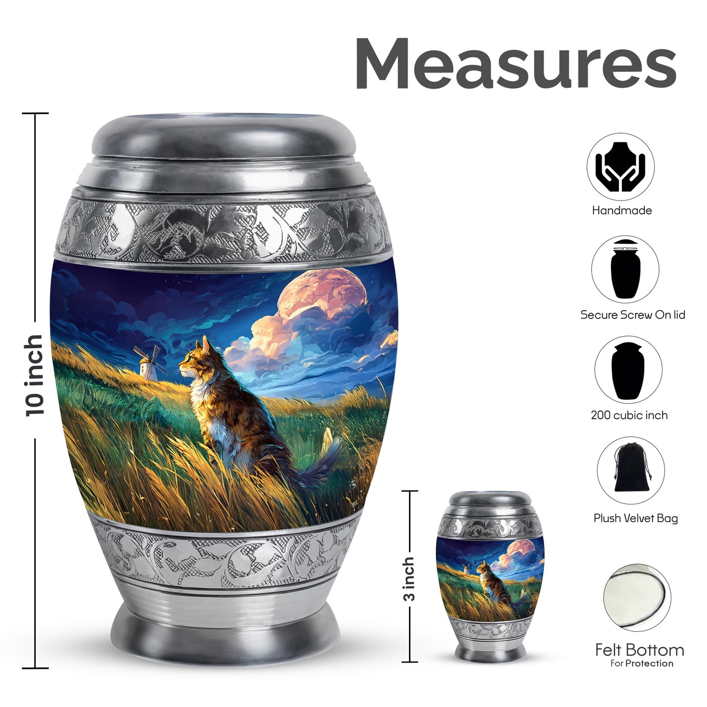 Steel Blue Cat Cremation Urn lifestyle display on memorial shelf - royal cat engraving with decorative scrollwork - mini keepsake memorial for portion of cremation ashes
