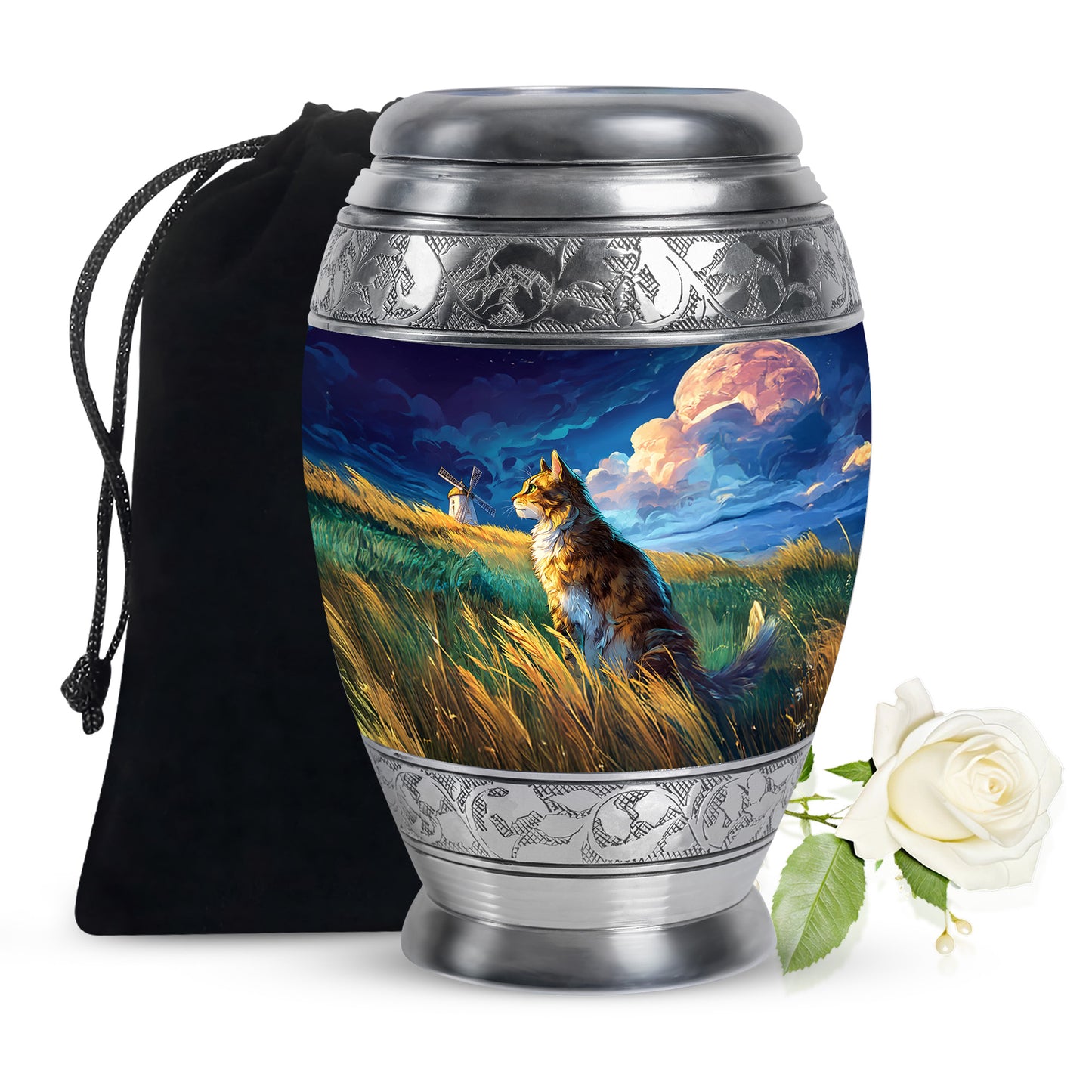 Dusty Blue Cat Cremation Urn back view with polished surface - regal cat design with crown-inspired accents - full-size 10 inch 200 cubic inch adult cremation urn