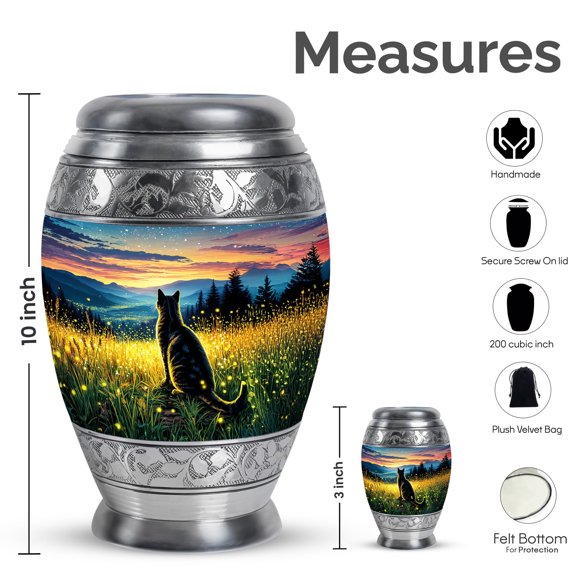 Champagne Gold Cat Cremation Urn lifestyle display on memorial shelf - ornate monarch-style cat relief on brushed aluminum - mini keepsake memorial for portion of cremation ashes