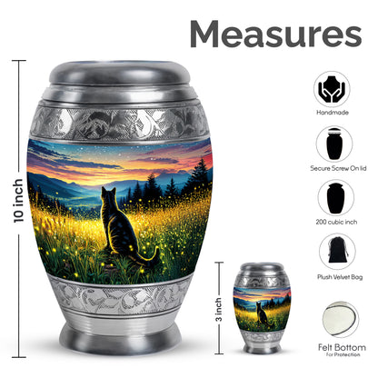 Champagne Gold Cat Cremation Urn lifestyle display on memorial shelf - ornate monarch-style cat relief on brushed aluminum - mini keepsake memorial for portion of cremation ashes