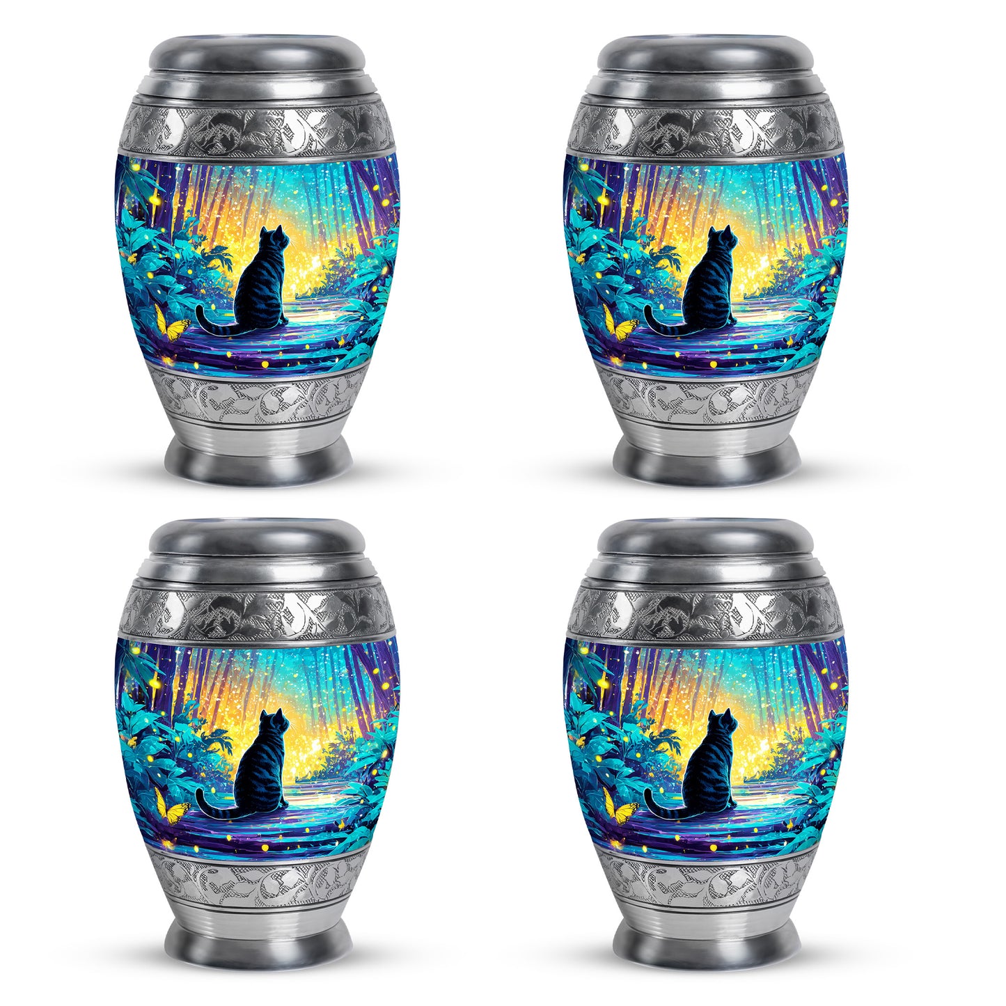 Tropical Teal Cat Cremation Urn urn with complimentary velvet bag - royal cat engraving with decorative scrollwork - 10 inch aluminum urn for cremated remains