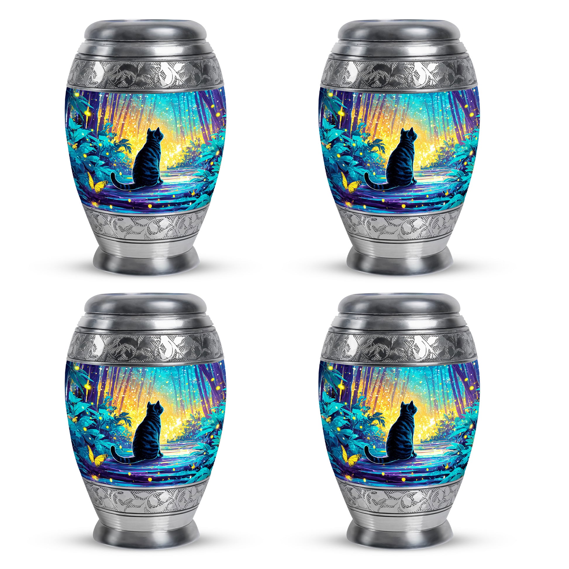 Tropical Teal Cat Cremation Urn urn with complimentary velvet bag - royal cat engraving with decorative scrollwork - 10 inch aluminum urn for cremated remains