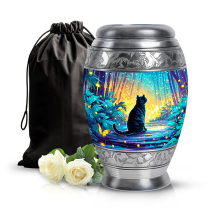 Ocean Teal Cat Cremation Urn back view with polished surface - regal cat design with crown-inspired accents - full-size 10 inch 200 cubic inch adult cremation urn