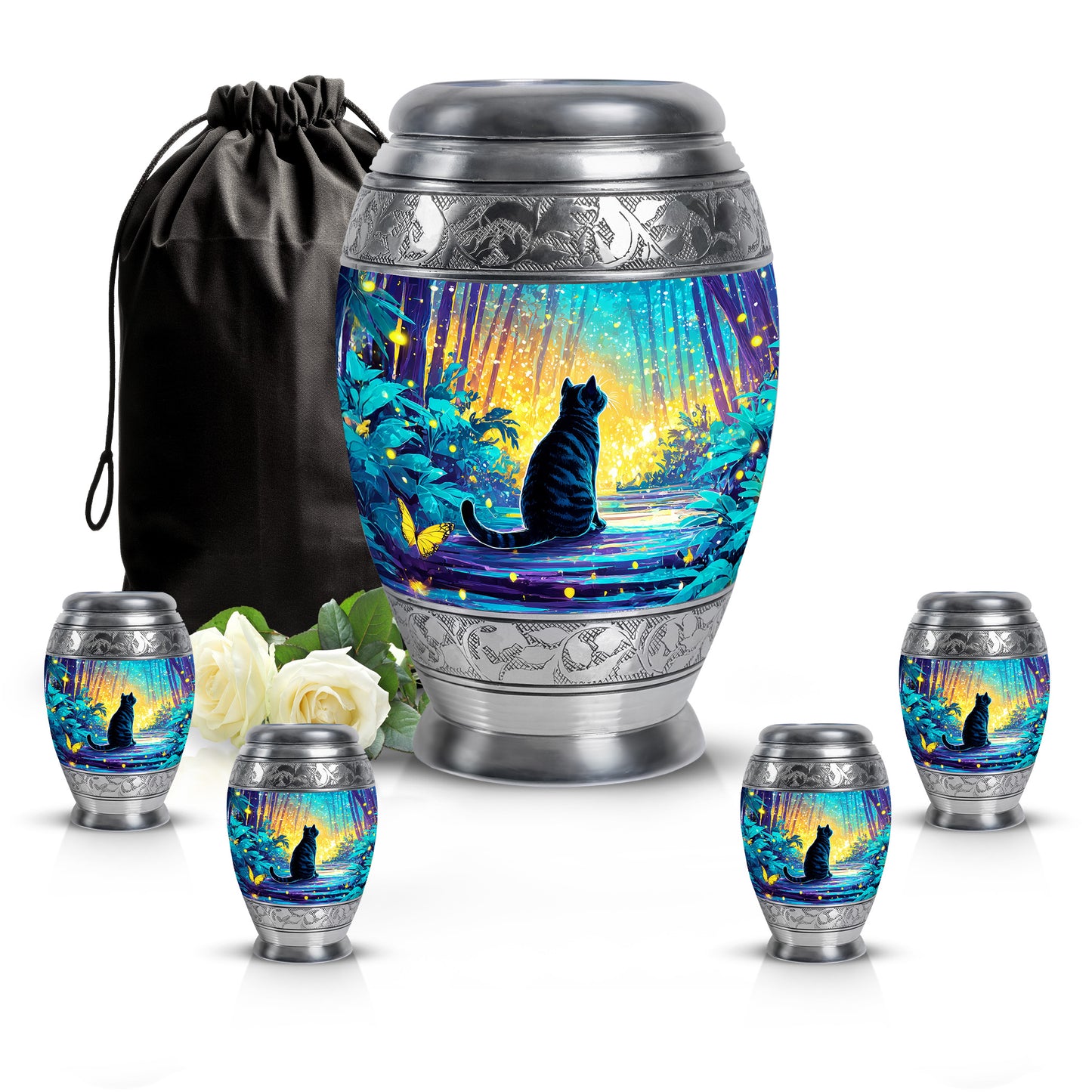 Sea Green Teal Cat Cremation Urn detail view - ornate monarch-style cat relief on brushed aluminum - memorial set with one large and four small urns