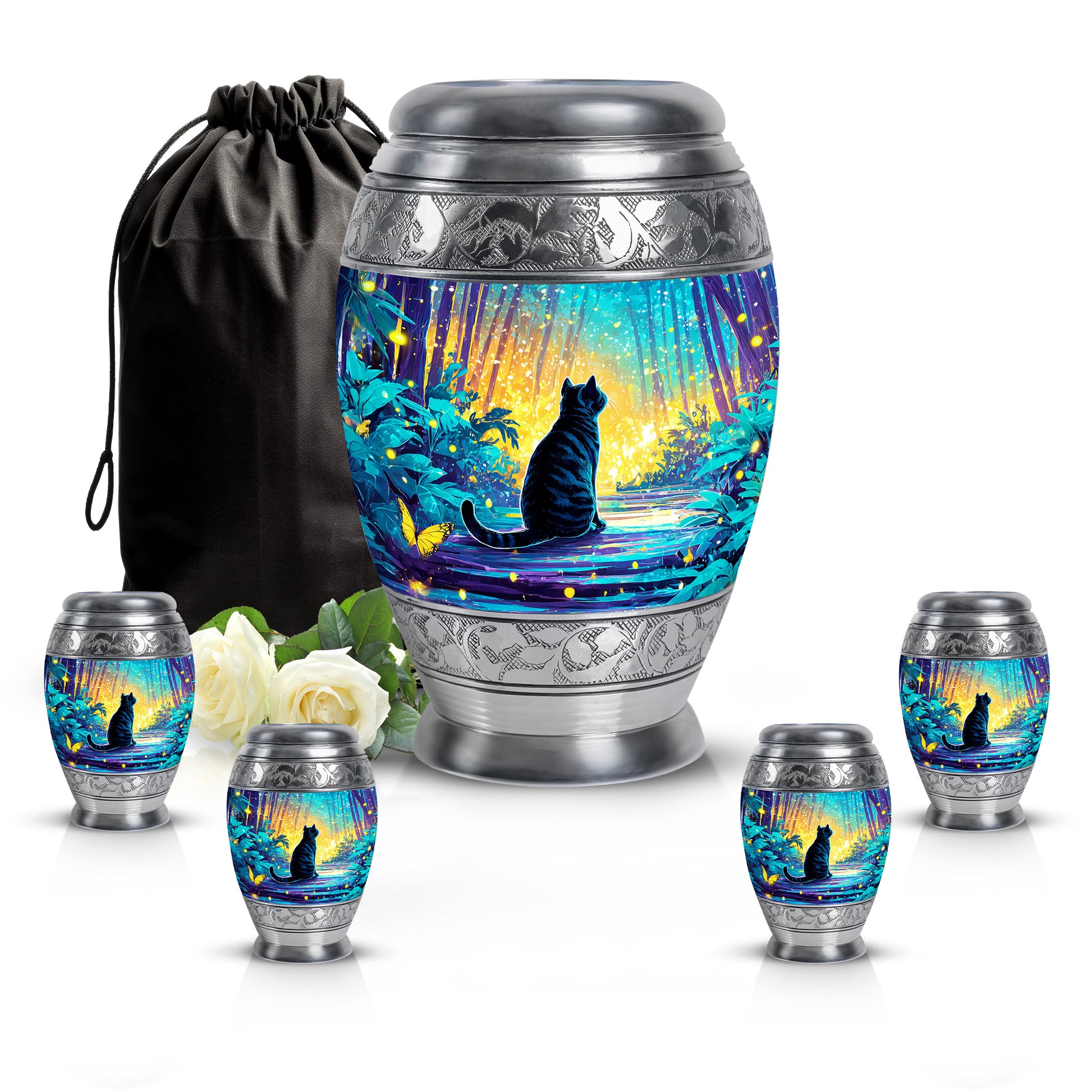 Sea Green Teal Cat Cremation Urn detail view - ornate monarch-style cat relief on brushed aluminum - memorial set with one large and four small urns