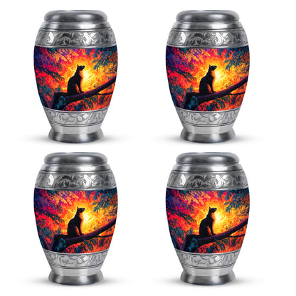 Rich Red Cat Cremation Urn urn with complimentary velvet bag - majestic cat pattern with filigree border - 10 inch aluminum urn for cremated remains