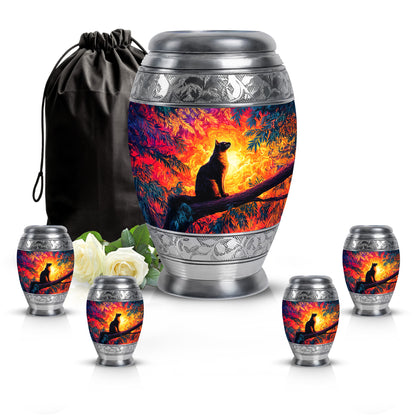 Scarlet Red Cat Cremation Urn detail view - majestic cat pattern with filigree border - memorial set with one large and four small urns
