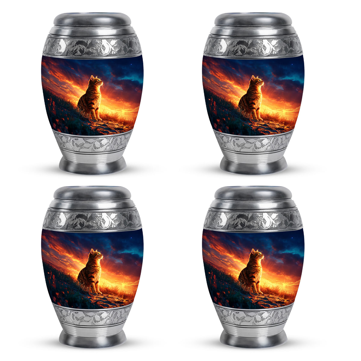 Sapphire Blue Cat Cremation Urn urn with complimentary velvet bag - majestic cat pattern with filigree border - 10 inch aluminum urn for cremated remains