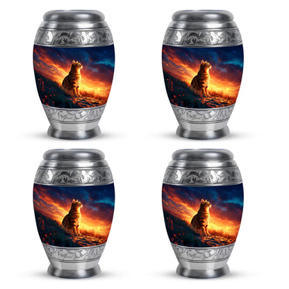 Sapphire Blue Cat Cremation Urn urn with complimentary velvet bag - majestic cat pattern with filigree border - 10 inch aluminum urn for cremated remains