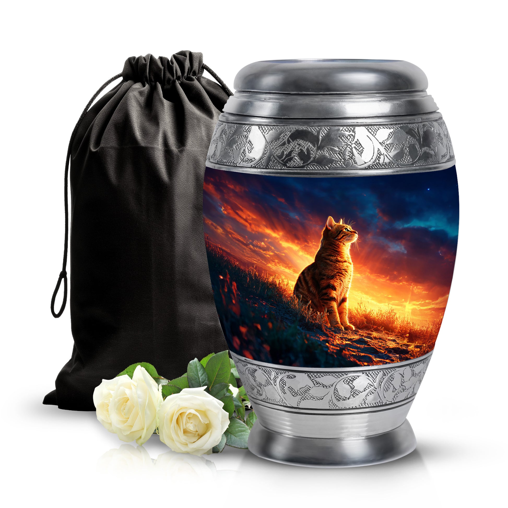 Icy Blue Cat Cremation Urn back view with polished surface - regal cat design with crown-inspired accents - full-size 10 inch 200 cubic inch adult cremation urn