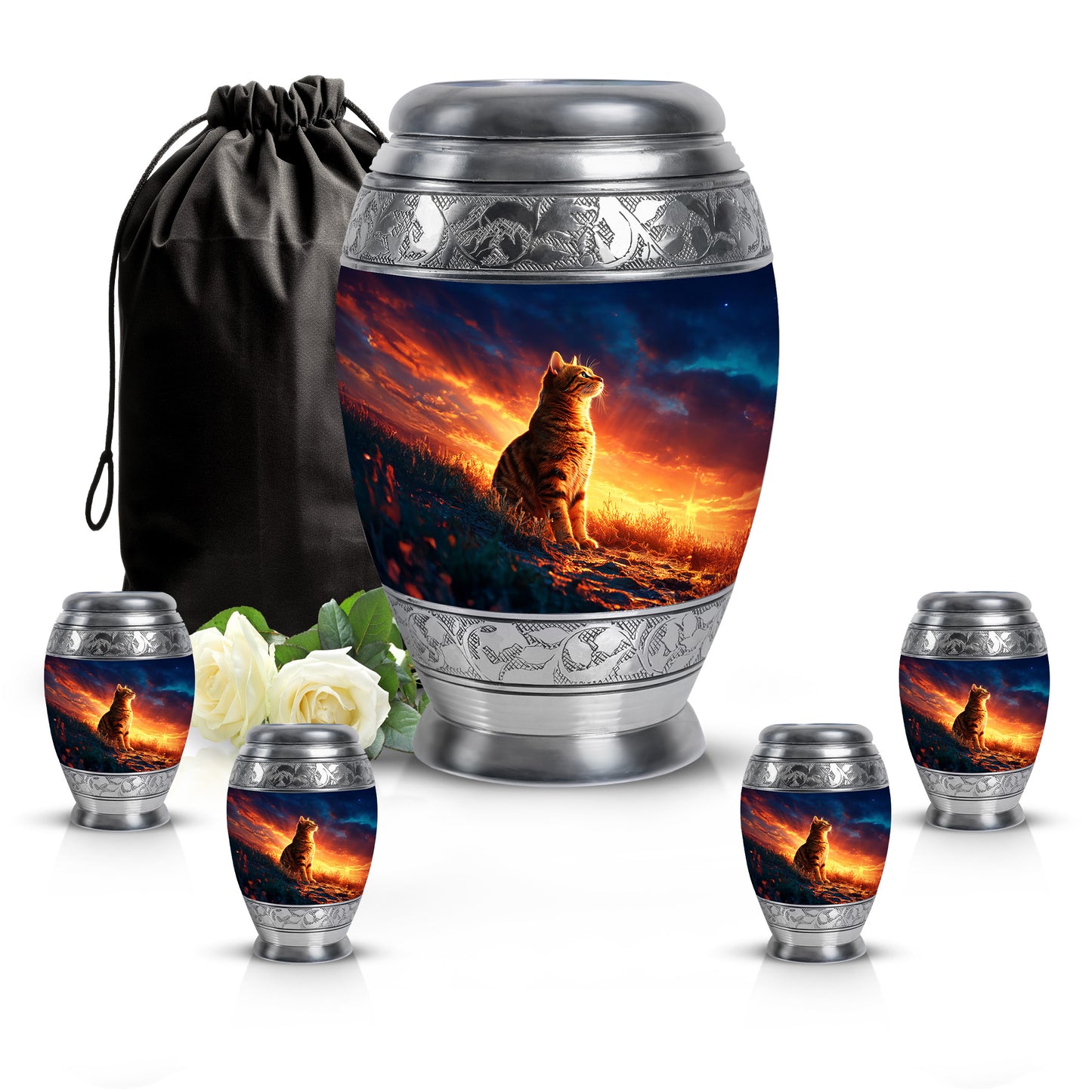 Royal Blue Cat Cremation Urn detail view - majestic cat pattern with filigree border - memorial set with one large and four small urns