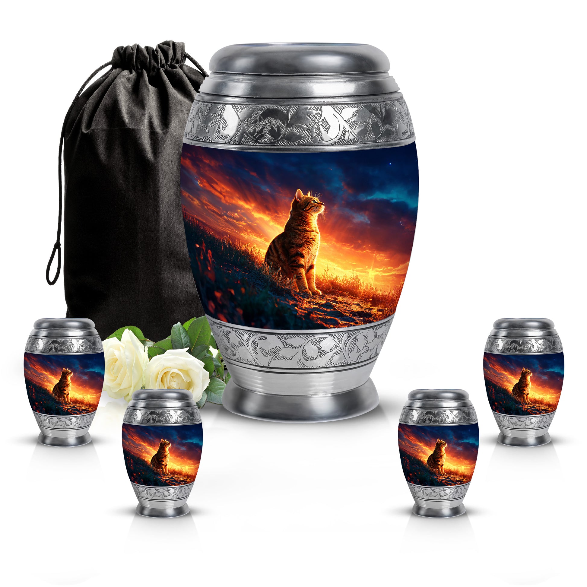 Royal Blue Cat Cremation Urn detail view - majestic cat pattern with filigree border - memorial set with one large and four small urns