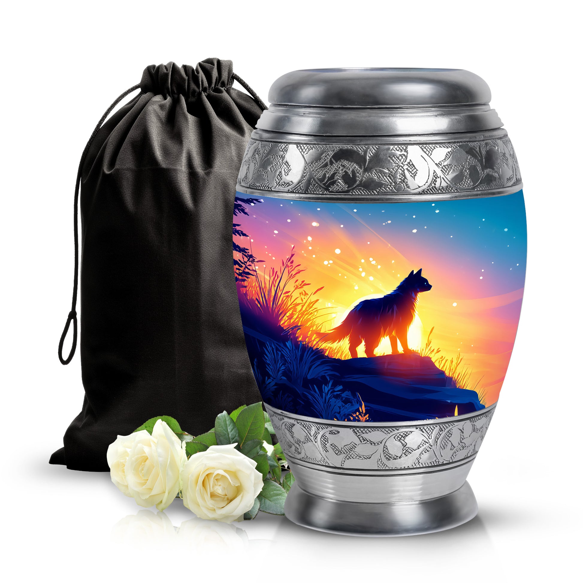 Vivid Blue Cat Cremation Urn back view with polished surface - royal cat engraving with decorative scrollwork - full-size 10 inch 200 cubic inch adult cremation urn