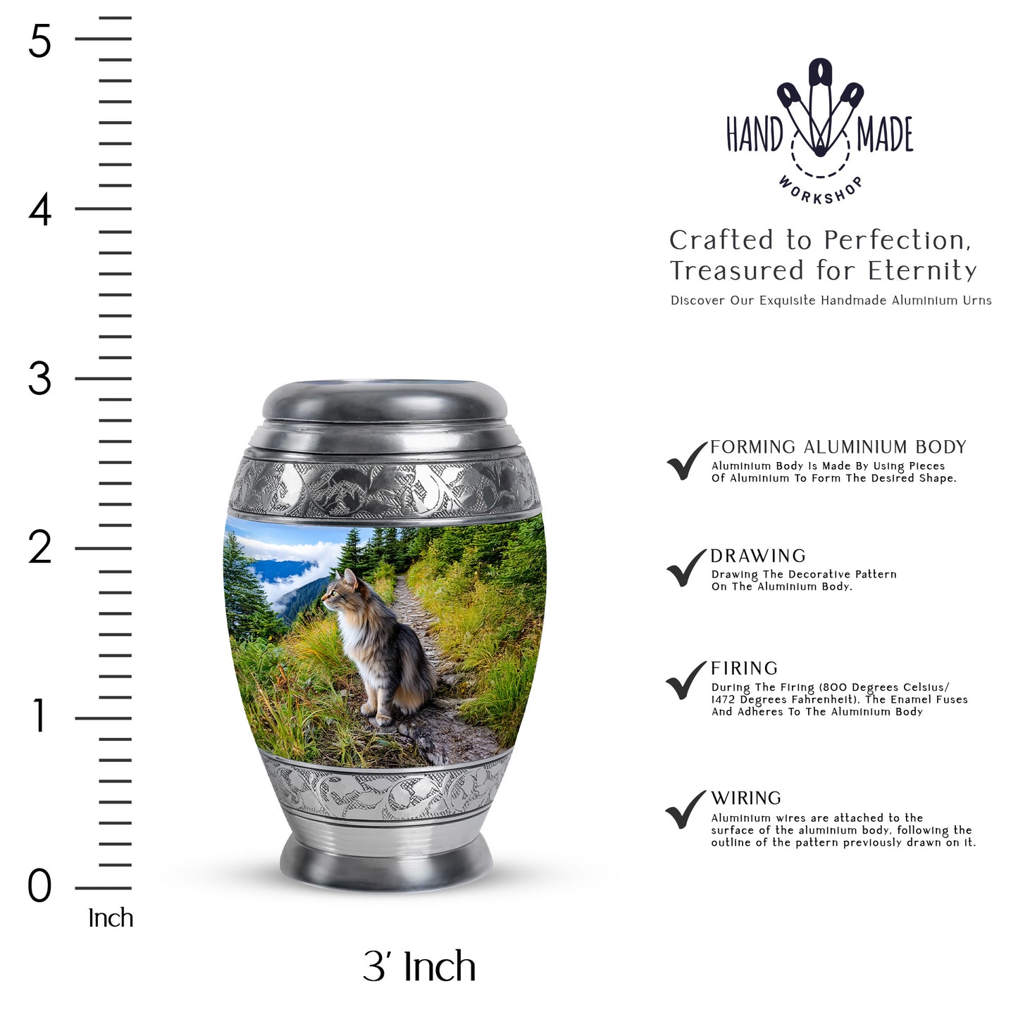 Vivid Blue Cat Cremation Urn lifestyle display on memorial shelf - royal cat engraving with decorative scrollwork - mini keepsake memorial for portion of cremation ashes
