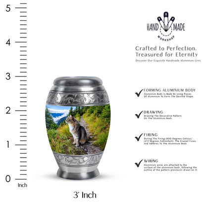 Vivid Blue Cat Cremation Urn lifestyle display on memorial shelf - royal cat engraving with decorative scrollwork - mini keepsake memorial for portion of cremation ashes
