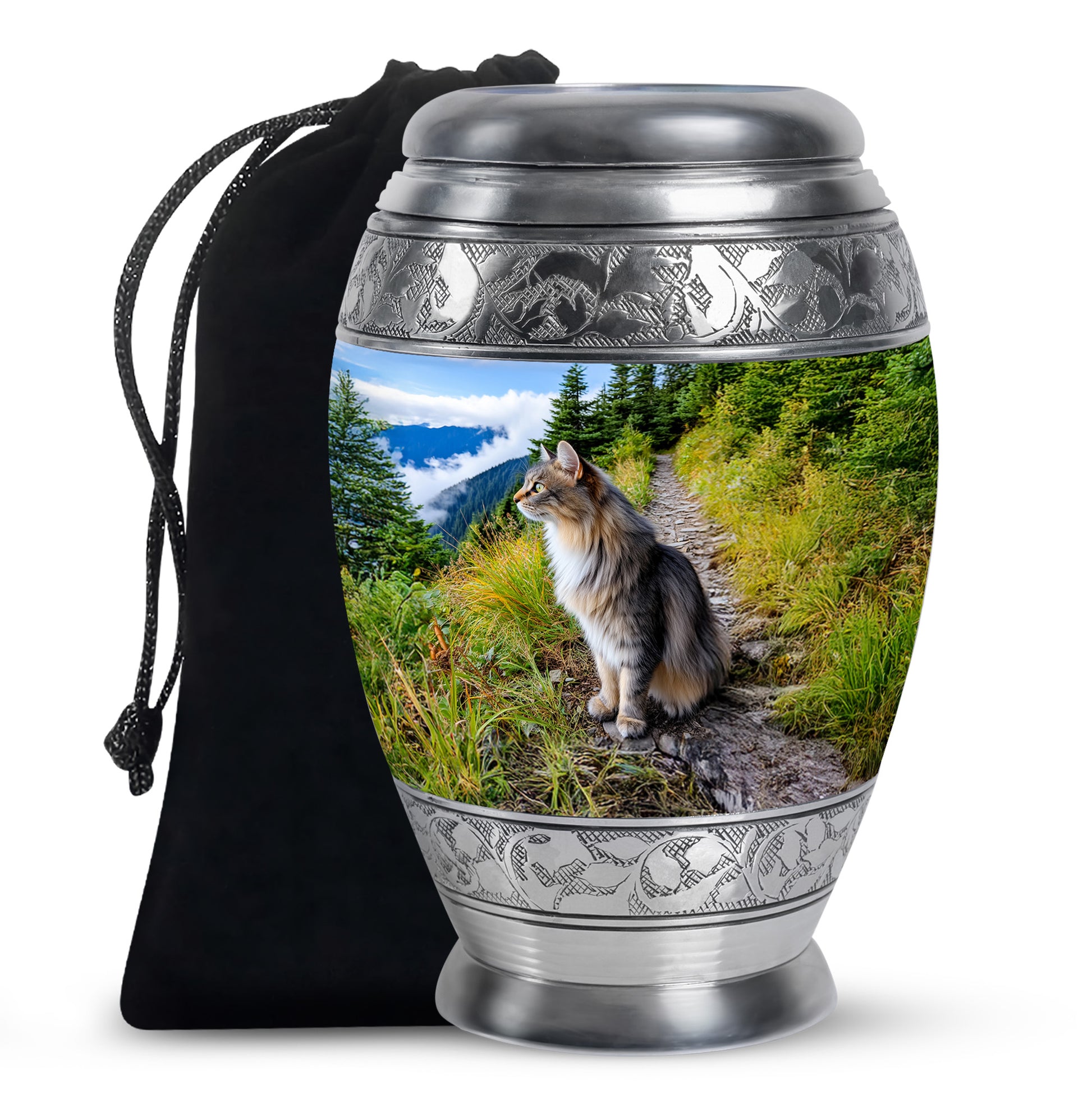 Azure Cat Cremation Urn back view with polished surface - regal cat design with crown-inspired accents - full-size 10 inch 200 cubic inch adult cremation urn
