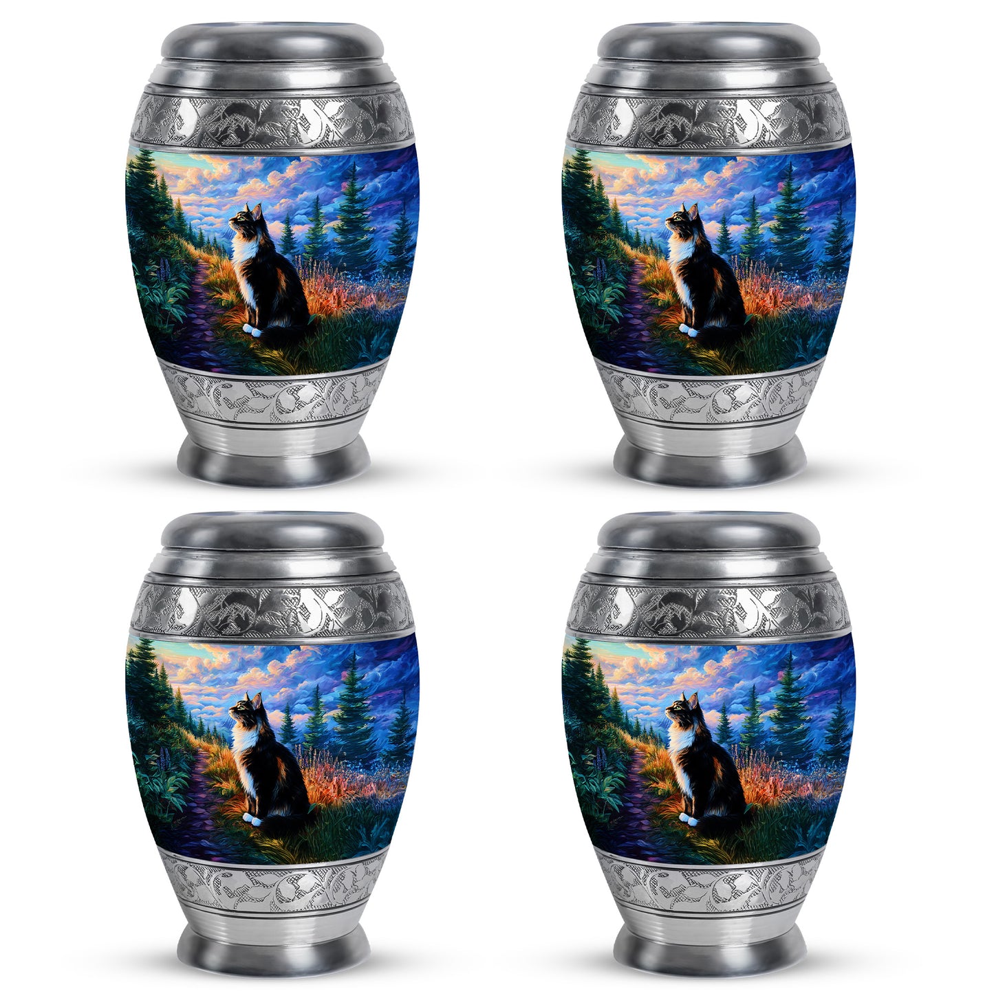 Royal Blue Cat Cremation Urn urn with complimentary velvet bag - royal cat engraving with decorative scrollwork - 10 inch aluminum urn for cremated remains