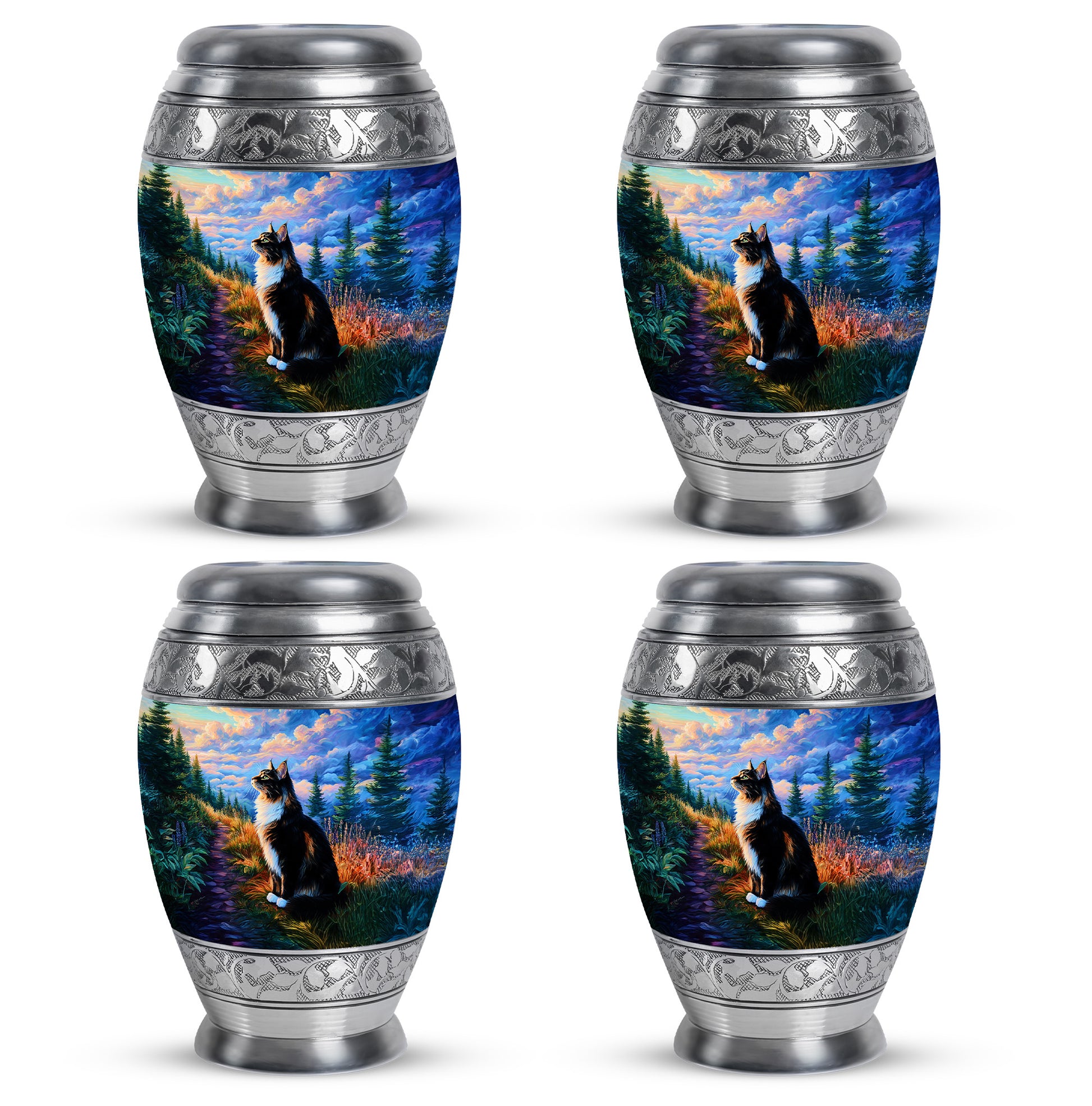 Royal Blue Cat Cremation Urn urn with complimentary velvet bag - royal cat engraving with decorative scrollwork - 10 inch aluminum urn for cremated remains