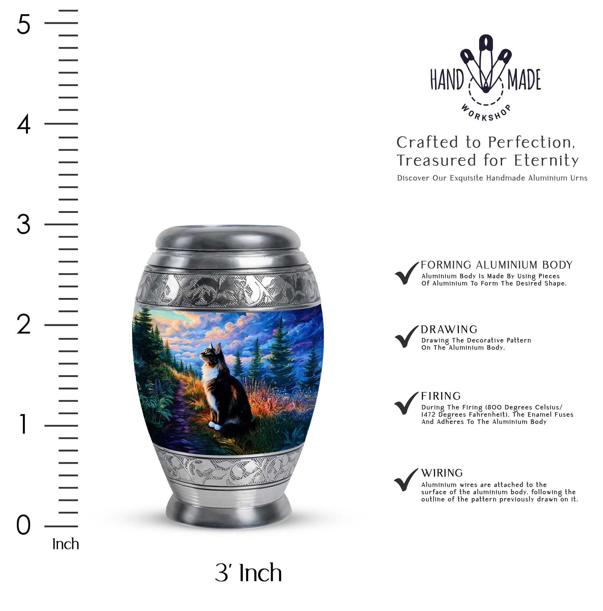 Steel Blue Cat Cremation Urn lifestyle display on memorial shelf - royal cat engraving with decorative scrollwork - mini keepsake memorial for portion of cremation ashes