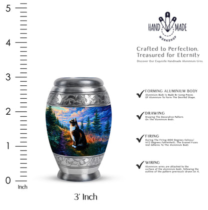 Steel Blue Cat Cremation Urn lifestyle display on memorial shelf - royal cat engraving with decorative scrollwork - mini keepsake memorial for portion of cremation ashes