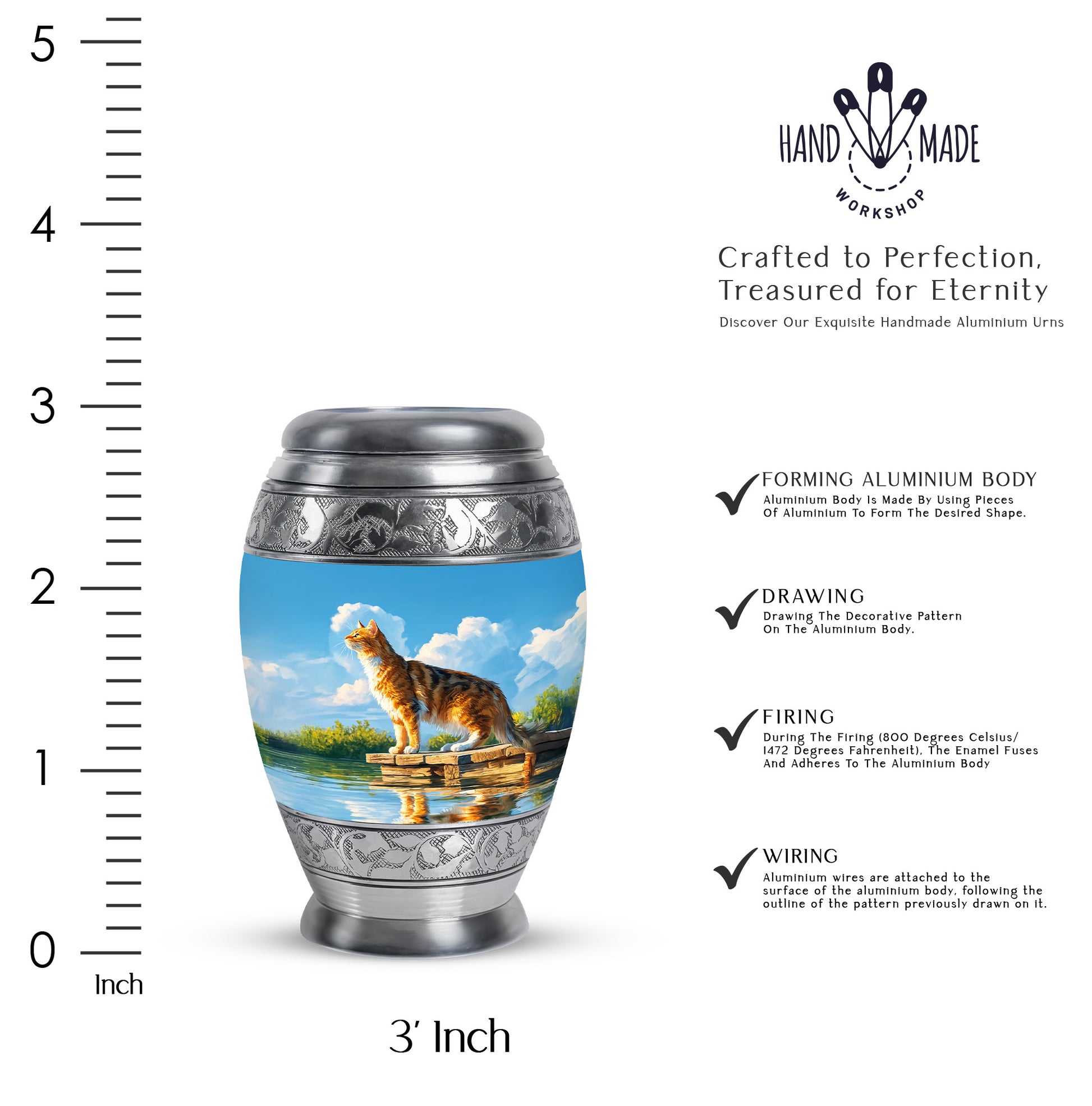 Azure Cat Cremation Urn lifestyle display on memorial shelf - regal cat design with crown-inspired accents - mini keepsake memorial for portion of cremation ashes