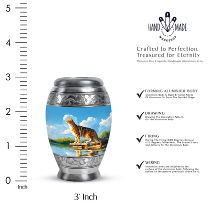 Azure Cat Cremation Urn lifestyle display on memorial shelf - regal cat design with crown-inspired accents - mini keepsake memorial for portion of cremation ashes