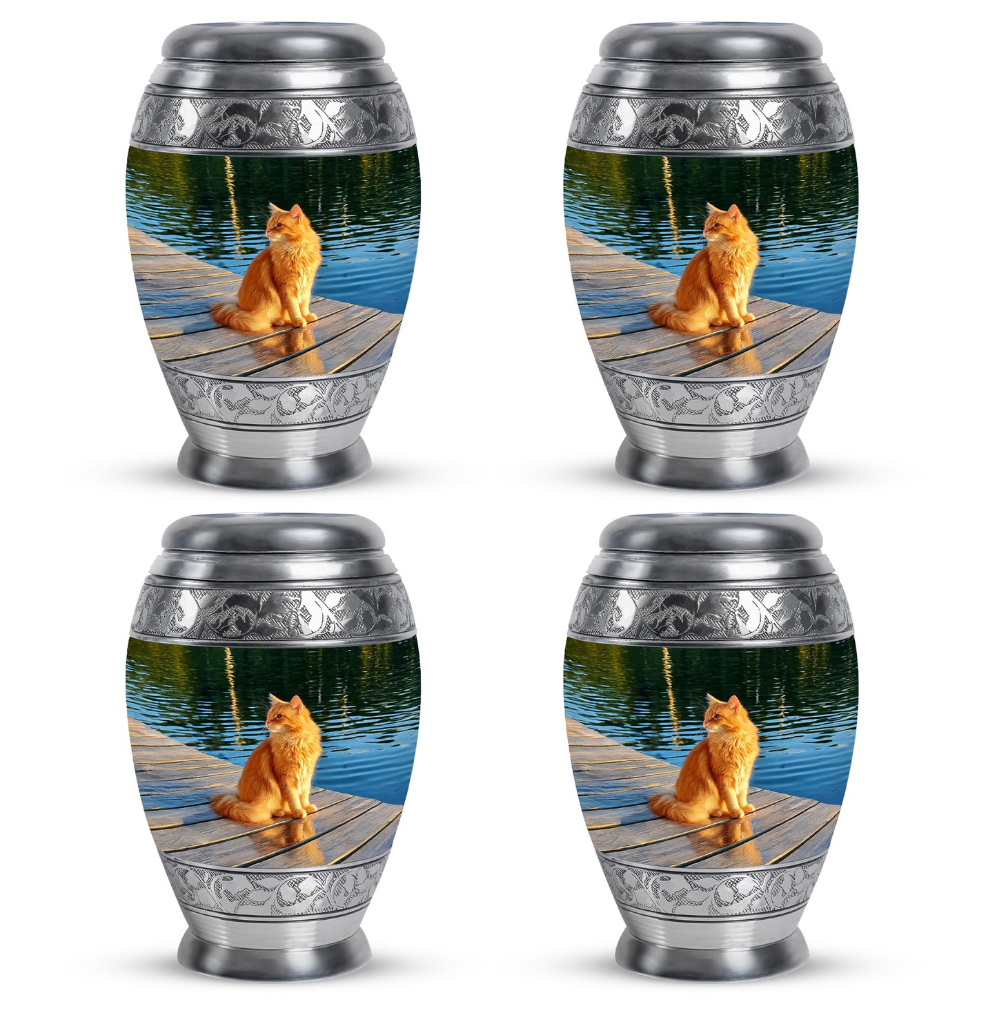 Pine Green Cat Cremation Urn urn with complimentary velvet bag - majestic cat pattern with filigree border - 10 inch aluminum urn for cremated remains