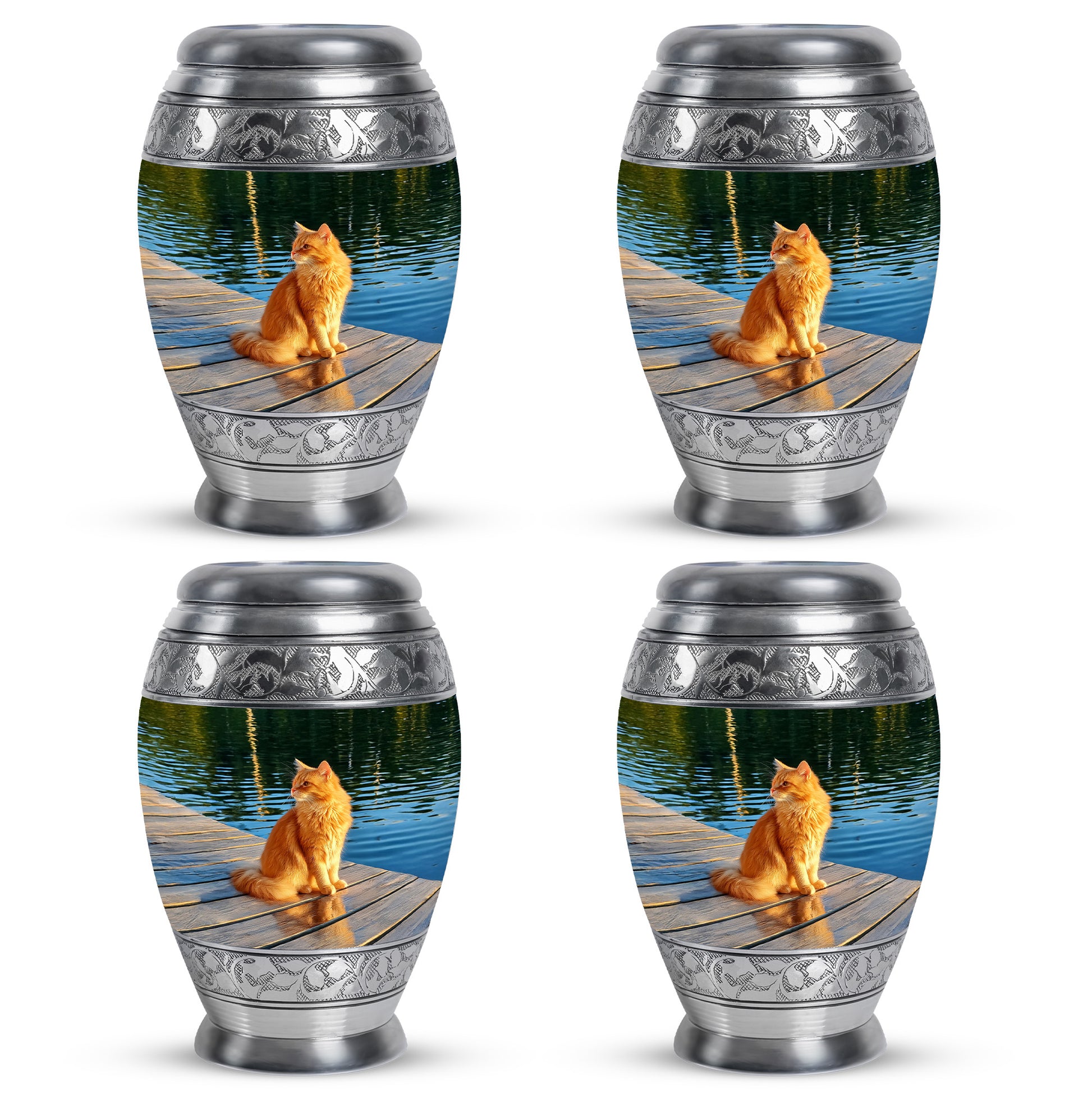 Pine Green Cat Cremation Urn urn with complimentary velvet bag - majestic cat pattern with filigree border - 10 inch aluminum urn for cremated remains