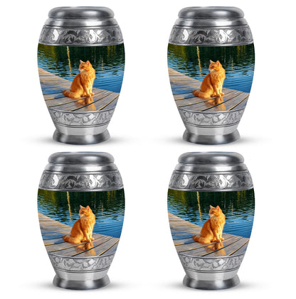 Pine Green Cat Cremation Urn urn with complimentary velvet bag - majestic cat pattern with filigree border - 10 inch aluminum urn for cremated remains