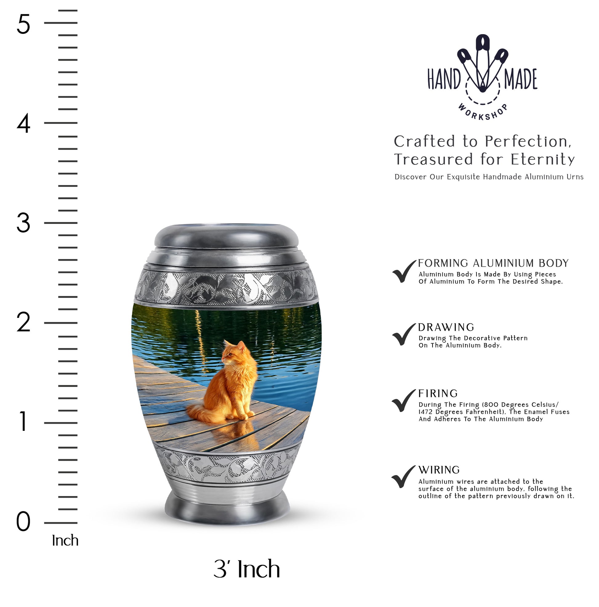 Olive Green Cat Cremation Urn lifestyle display on memorial shelf - royal cat engraving with decorative scrollwork - mini keepsake memorial for portion of cremation ashes