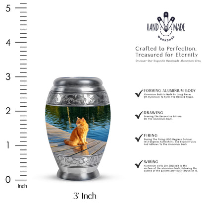 Olive Green Cat Cremation Urn lifestyle display on memorial shelf - royal cat engraving with decorative scrollwork - mini keepsake memorial for portion of cremation ashes