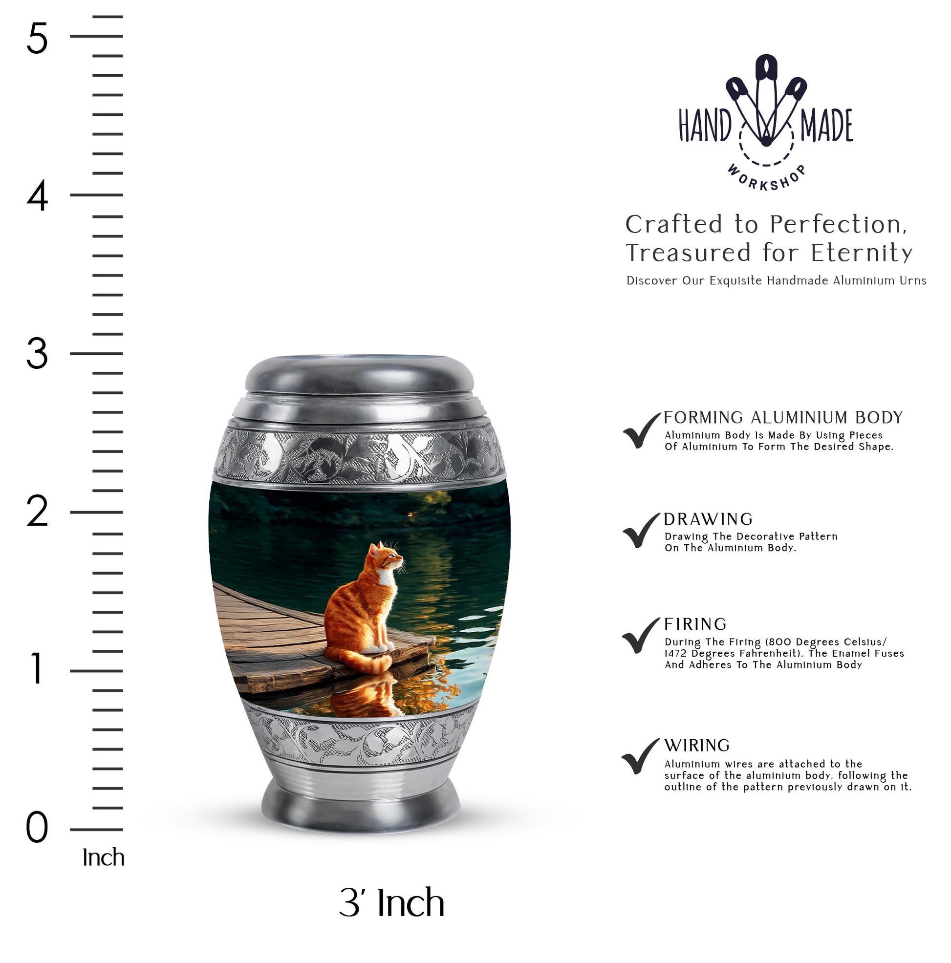 Deep Black Cat Cremation Urn lifestyle display on memorial shelf - ornate monarch-style cat relief on brushed aluminum - mini keepsake memorial for portion of cremation ashes