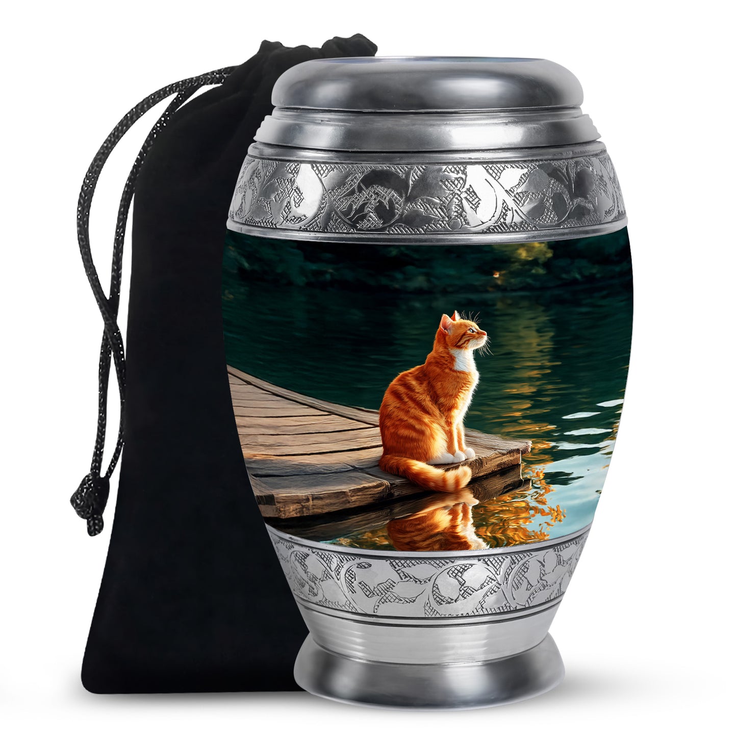Onyx Black Cat Cremation Urn back view with polished surface - royal cat engraving with decorative scrollwork - full-size 10 inch 200 cubic inch adult cremation urn